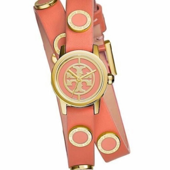 Tory Burch mini studded wrap wrist watch in peach/coral with gold hardware